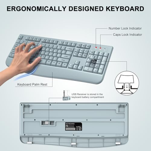 Wireless Keyboard and Mouse Combo, ULSOU 2.4G Full-Sized Ergonomic Computer Keyboard with Wrist Rest and 3 Level DPI Adjustable Wireless Mouse for Windows, Mac OS Desktop/Laptop/PC(Grey)