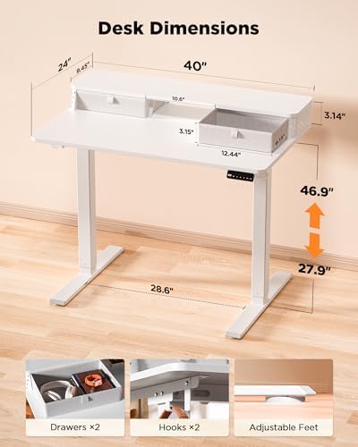 FiCiHi 40x24 Inch Electric Standing Desk, 2 Drawers, Adjustable Height Desk