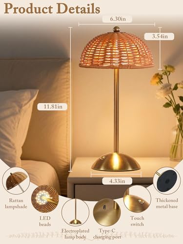 Cordless Table Lamp, Rattan Boho Desk Lamps, Small Wicker Night Light