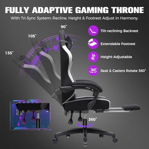 GTPLAYER Gaming Chair, Ergonomic Computer Chair with Footrest and Lumbar Support, High Back Recliner Chair 350lbs, Height Adjustable for Home Office, Black