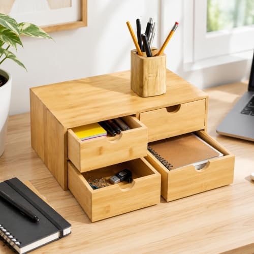 Bamboo Desk Organizer with Drawers, 4-Drawer Wooden Desk Organizer Box