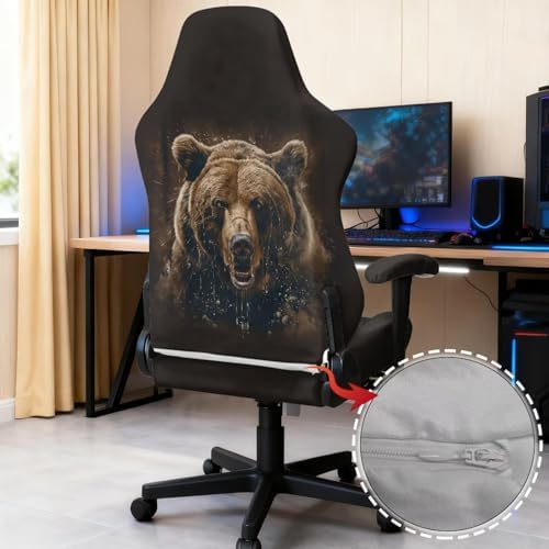Bear Gaming Chair Cover Stretchable Game Chair Slipcovers with 2 Armrest Covers, Scratch-Proof Gamer Desk Chair Covers for Computer Office Seat