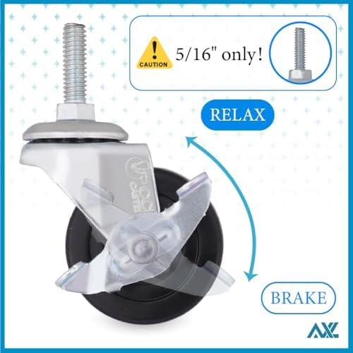 AXL 5/16 UNC Threaded Stem Caster Wheels Set of 4, 2 Inch Swivel Casters (2 Locking, 2 Non-Locking), 1" (25mm) Stem Length Replacement Wheels for Utility Cart, Shelf, Cabinet, Furniture