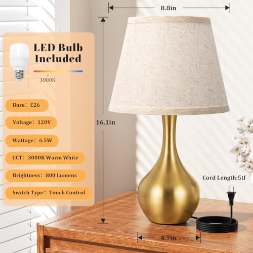 16.1" Touch Table Lamp for Nightstand, 3 Way Dimmable Small Bedroom Lamp