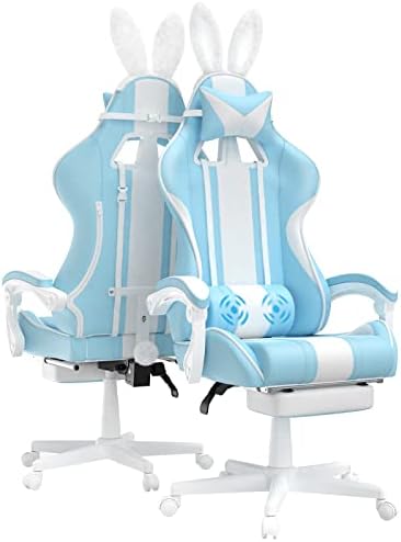 Ferghana Blue Gaming Chair with Bunny Ear, Cute Massage Gaming Chairs for Adults & Teens, Office PC Gamer Chair with Footrest, Kawaii Computer Game Chair for Girls, Racing Reclining Silla Gamer