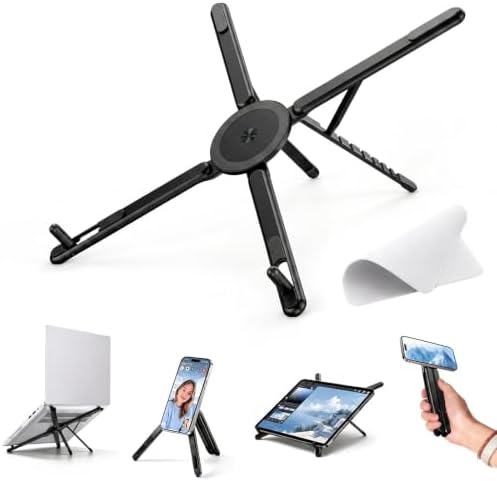 3-in-1 Magnetic Laptop Stand for Desk, Foldable Adjustable Laptop Riser with MagSafe Phone Holder, Ergonomic Aluminum Laptop Stand Tablet & Smartphone, Portable Travel Stand (Jet-Black)
