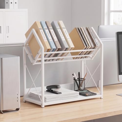 Desktop Bookshelf Organizer, 2 Tier Wood Desk Shelf for Tabletop Storage, Small Desktop Shelf for Office Home Dorm, Table Shelf Book Rack for Books/Supplies/Decor Display (White)