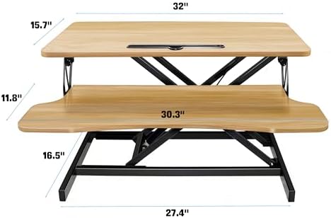 Standing Desk Converter, 32 Inch Wide, Height Adjustable Sit to Stand Workstation Riser, Dual Monitor with Wide Keyboard Tray for Home Office (Natural)