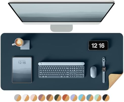 YSAGi Double-Sided Desk Pad, 31.5"x15.7"Leather Desk Mat, Eco Cork Desk Pad Protector,Large Mouse Pad,Waterproof Desk Blotter for Office/Home(Dark Blue)
