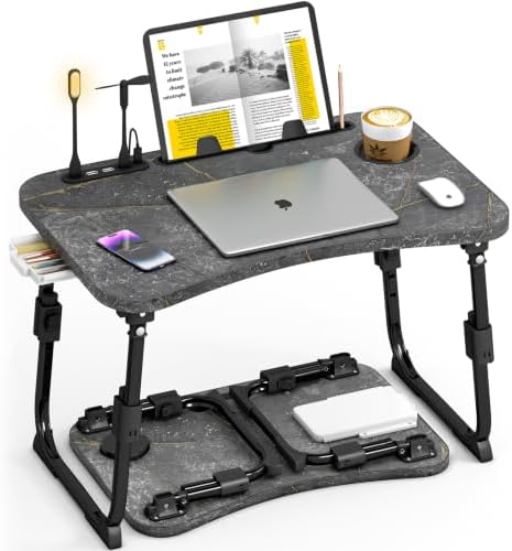 Lap Desk for Bed Adjustable Height, Foldable Bed Table with Storage Drawer, Tablet Slot & Cup Holder, Portable Laptop Stand for Bed & Sofa, Bed Desk for Adults & Kids, Deep Stone Color