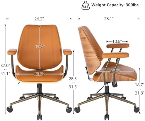 Modern Mid Back Office Chair, Adjustable Swivel Desk Chair with Arms, Brown