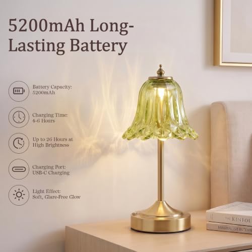 Cordless Table Lamp, Rechargeable Green Glass Tulip Flower Touch Lamp