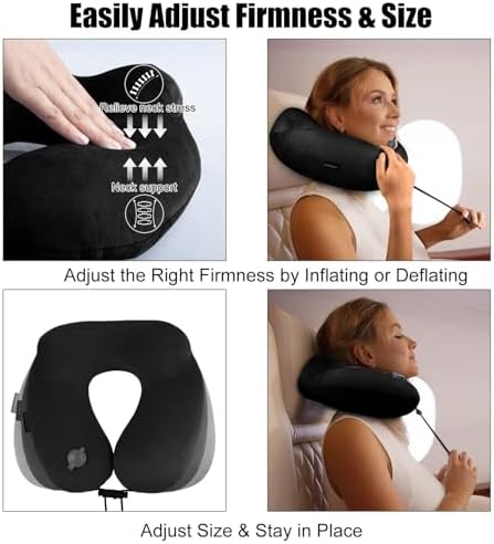 Inflatable Travel Neck Pillow for Airplanes, Super Soft Velvet Neck Support, Adjustable Firmness, Blow Up Plane Pillow for Long Flights, Road Trips, Travel Essentials with Eye Mask, Earplug