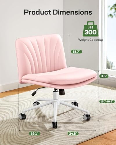 Marsail Armless-Office Desk Chair with Wheels: PU Leather Cross Legged Wide Chair,Comfortable Adjustable Swivel Computer Task Chairs for Home,Office,Make Up,Small Space,Bed Room, Pink