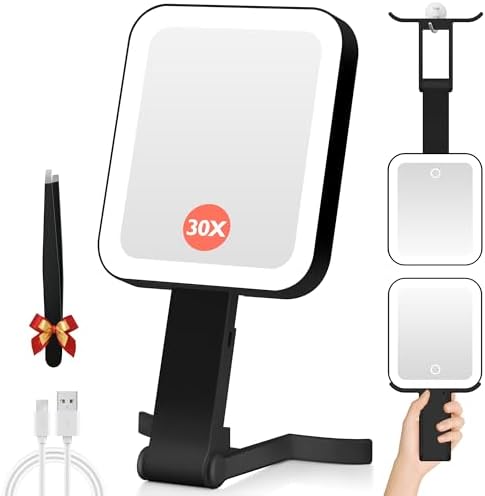 GOMIPURU Magnifying Travel Mirror with Light, 30X/1X Double-Sided Magnifying Mirror with 3 Color Lights, Brightness Adjustable, Foldable Handheld Makeup Mirrors Portable for Travel and Desktop, Dark