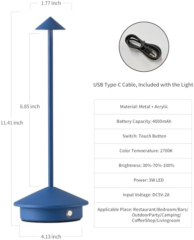 Modern Cordless Table Lamp Set of 2, Blue Portable LED Desk Lamps