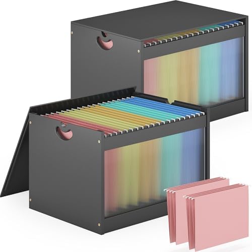 Bamboo Hanging File Box Organizer with Lid, Wood File Folder, Black, 2 Pack