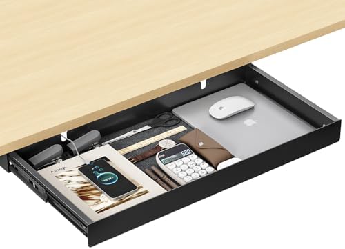 Under Desk Drawer,20.1 inch Carbon Steel Slide-Out Under Table Storage Organizer With Full Extension Ball-Bearing Slides,Undermount Drawer For Standing Desk & Home Office,Black