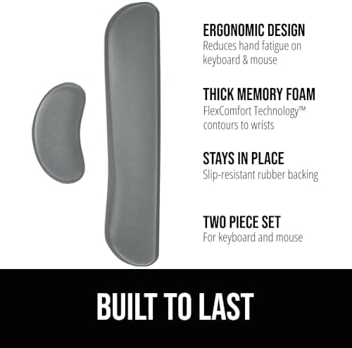 GORILLA GRIP Memory Foam Wrist Rest for Computer Keyboard, 2 Piece Gray