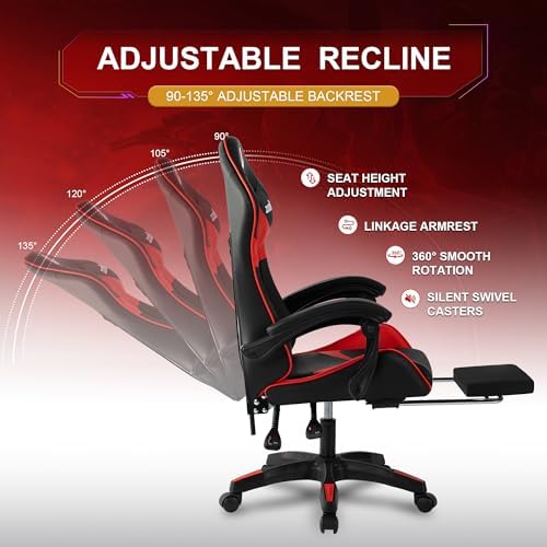 Ergonomic Gaming Chair, High Back PU Leather Office Chair with Footrest, Adjustable Lumbar Support & Headrest, 360° Swivel Computer Chair for Adults, Red & Black