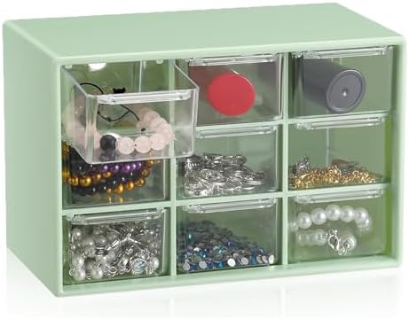 6 Pcs Small Drawer Organizer for Desk, Mini Desktop Drawer Organizer with 9 Clear Drawers, Plastic Desktop Craft Storage Box for Desk Office School Home 7.1" x 3. 8" x 4.6" (Green)