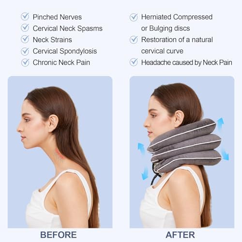 Neck Stretcher for Pain Relief, Adjustable Inflatable Cervical Traction Device, Neck Brace for Home Use, Supports Neck Decompression & Spine Alignment，Gifts for Women (Sky Grey)