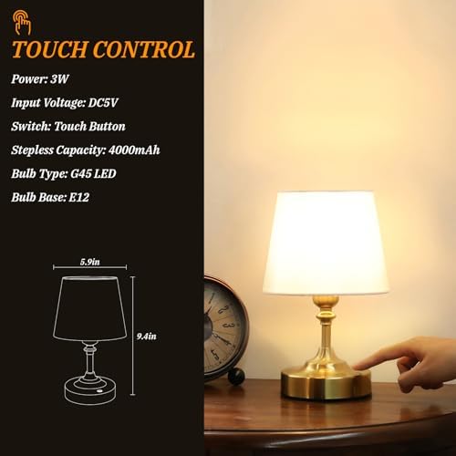 Kakanuo Mini Cordless Table Lamp Gold - 1 Pack 4000mAH Battery Operated Lamp for Decor, 3000K Stepless Dimming Touch Control Rechargeable Lamp for Bedroom, Dining Table, Counter, Living Room