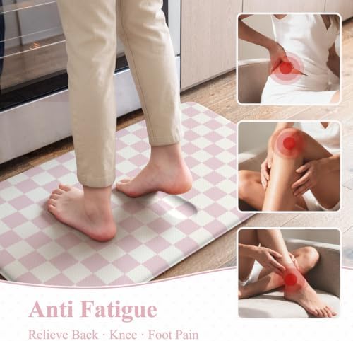 KIMODE Kitchen Anti Fatigue Mats, Light Pink Checkered Home Decor Carpet