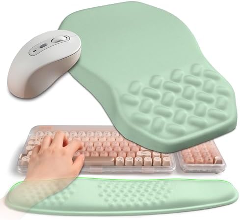 2-in-1 Ergonomic Set, Wave Keyboard Wrist Rest and Massage Slope Mouse Pad Wrist Support, Rebound Memory Foam for Relieve Carpal Tunnel Syndrome and Wrist Pain (Light Green)