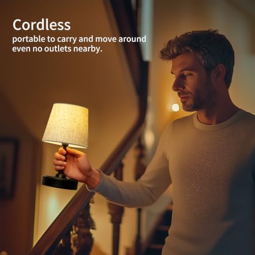 ONEWISH Small Cordless Lamp, Battery Operated Table lamp Dimmable, 4000mAh Rechargeable, Touch Bedside Lamp with Beige Linen Shade, 2700K Bulb Included, for Dining, Patio, Bathroom(Black)