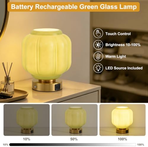 Rechargeable Table Lamp, Cordless Green Glass Bedside Lamp Small
