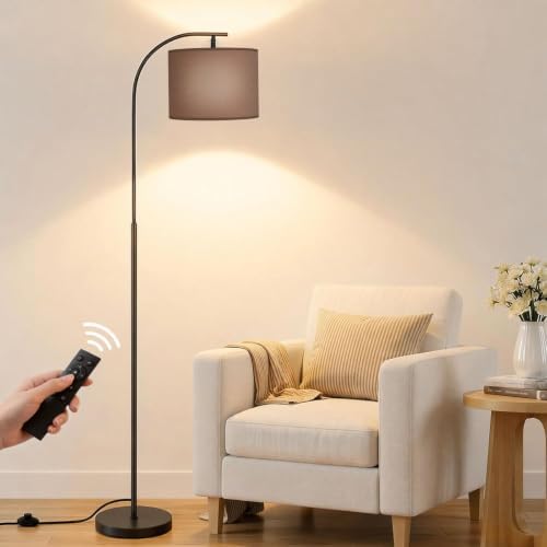 SIBRILLE Floor Lamp with Linen Shade, Arc Dimmable Tall Standing Lamp with Remote Control, Modern Floor Reading Light for Living Room Bedroom Office Corner, 9W LED Bulb Included