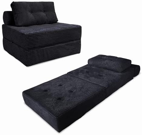 Nigoone Sofa Bed Futon, Versatile Foldable Sleeper Chair with Pillow, Supportive Memory Foam, Plush Corduroy Fabric, Cozy Floor Couch, Convertible Mattress for Bedroom/Living Room/Guest/Office, Black