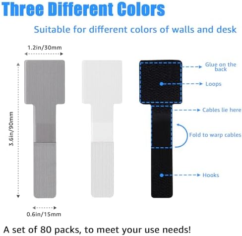 80PCS Hook and Loop Cable Ties, Under Desk Cable Management, Adhesive Cable Straps, Cord Management Hider Idea, Cord Organizer for Desk, Computer Accessories, Home Office Organization, White