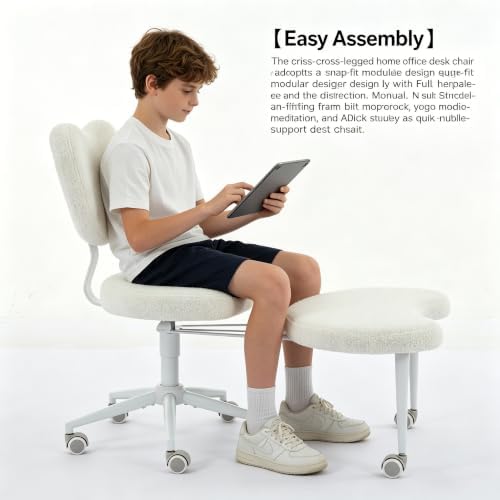 Ergonomic ADHD Criss Cross Legged Office Desk Chair - Meditation Kneeling Yoga Chair Adjustable Height with Wheels Lumbar Support, 360° Swivel Wider Footrest for Home Work, White