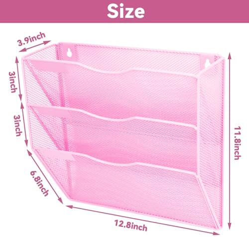 3 Pockets Mesh Wall File Holder Organizer Office Hanging File Folder Magazine Rack, Nametag Label Hooks Set Included (Pink)