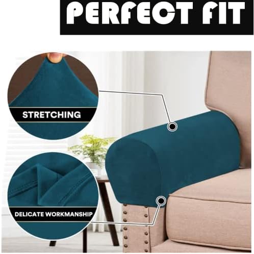 2 Pack Velvet Stretch Armrest Covers - Non Slip Sofa Chair Covers, Soft Elastic Arm Protectors for Living Room Couch, Office Chair, Recliner (Teal)