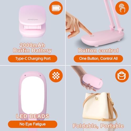 Akejrym LED Desk Lamp for Office Home & Battery Operated Lamp Rechargeable Lamp Foldable & Portable Light, [2-Fold Bracket] 3 Brightness Dimmable Small Desk Lamp Wireless Reading Lamp (Pink)