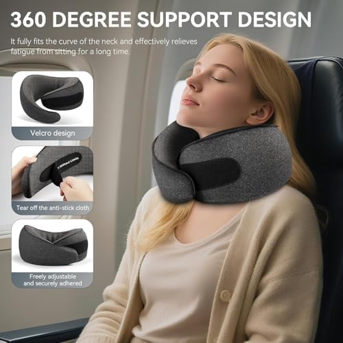 SZXYX Travel Pillows - 100% Pure Memory Foam Neck Pillow for Airplanes, Comfortable Breathable Cover, 360° Support Stowable Pillows for Sleeping, Car, Airport Travel Essentials, Pigeon Grey