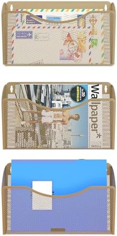EasyPAG Wall File Organizer 3 Pack, Hanging File Organizer Wall Mount, Metal Mesh Folder Holder for Letter/A4 Papers, Mail Sorter for Office, Classroom, Home, Gold
