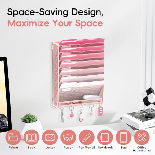Wall File Holder Hanging Wall File Organizer, Wall Mount Mail Holder and Paper Organizer with Bottom Shelf & 5 Hooks for Office Home School (8-Tier Pink)