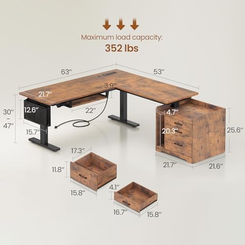 SEDETA L Shaped Standing Desk with File Cabinet, 3 Drawers, Power Outlet