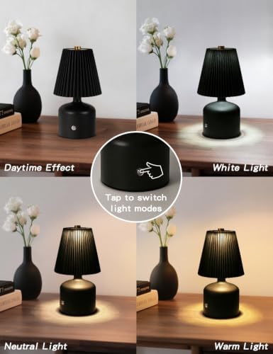 Small Bedside Table Lamp, Dimmable Cordless Lamp with 3 Color