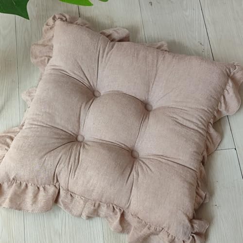 Tufted Cotton Chair Cushions Set of 2 Solid Color Soft Comfort Chair Pads with Ruffles Farmhouse Country Seat Cushions for Kitchen Indoor Dining Room Patio Chairs (Khaki,17"x17")
