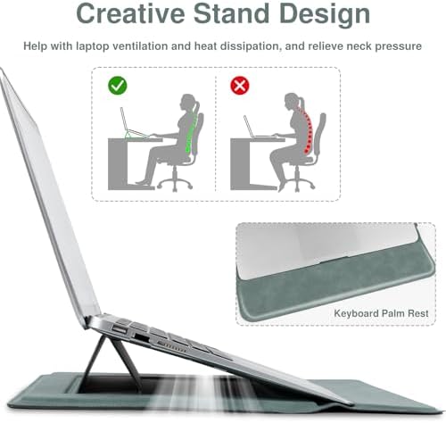 Allinside 13-14 Inch Laptop Sleeve Case for MacBook Pro 14" 2021-2026/MacBook Air 13" 2010-2017/MacBook Pro 13" 2010-2015, Waterproof Matte PU Leather Sleeve with Stand & Accessory Pouch, Dark Green