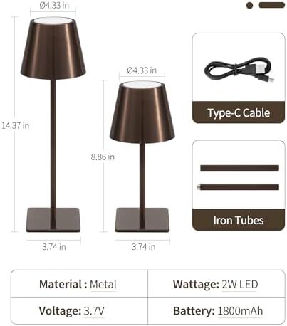 UME 3 Pack Cordless Table Lamp, Battery Operated Lamp - Portable Waterproof Rechargeable Table Lamp w/ 3 Color Temps & Stepless Dimming for Dinner, Desk, Cafe, Outdoor (Brushed Bronze | Coffee Tonal)