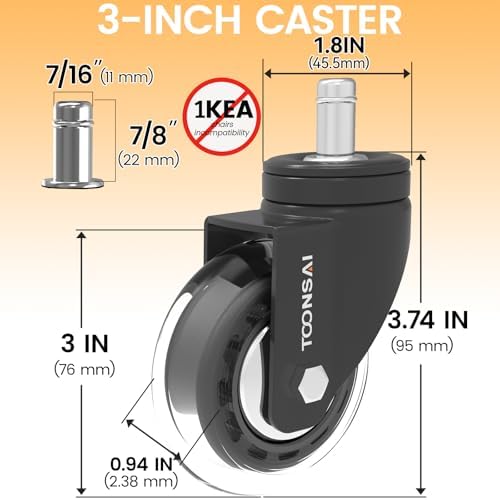 Upgraded,3 Inch Office Desk Chair Wheels Replacement, Stem 7/16-7/8（Black