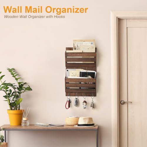 MOOACE Mail Organizer Wall Mount, Wood Mail and Key Holder with Hooks