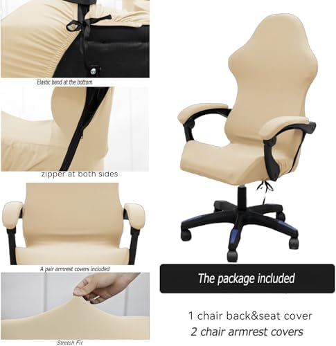 Gaming Chair Cover Set with Armrest Covers, Stretch Ruffled Slipcover for Racing Office Computer Reclining Chairs (Beige)