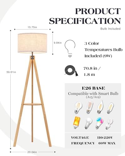 ELYONA Wood Floor Lamp for Living Room, Japandi Tripod Standing Lamp with Linen Shade & Wood Tray Table, Shelf Floor Lamp for Bedroom, Office, Dining Room, LED 3 Color Temperatures 9W Bulb Included